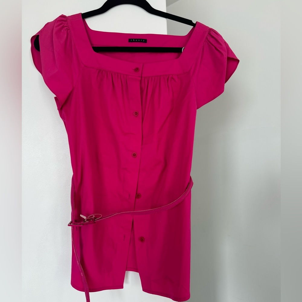 Theory Pink Medium Belted Cap Sleeve Blouse